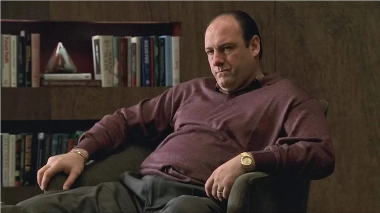 Close-up of Tony Soprano staring with unsettling determination in The Sopranos