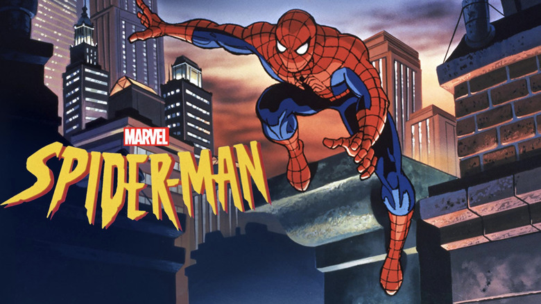 Spider-Man (1994) cartoon poster showing Spider-Man jumping across the NYC skyline at night with the Spider-Man text logo