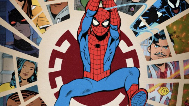 Spider-Man swinging in front of a web pattern showing Daredevil, Venom, Doctor Strange, and Pearl in the poster for Your Friendly Neighborhood Spider-Man