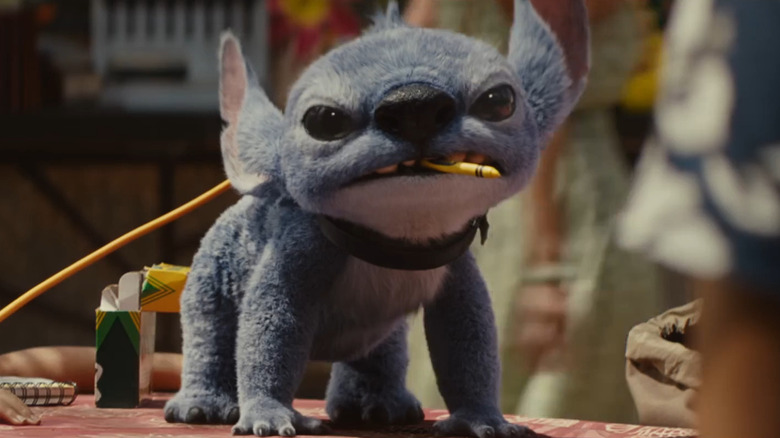 Stitch on the table with a crayon in his mouth in Lilo & Stitch (2025)
