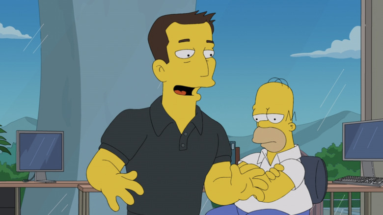 Elon Musk looks excited while Homer looks bored in the background in The Simpsons