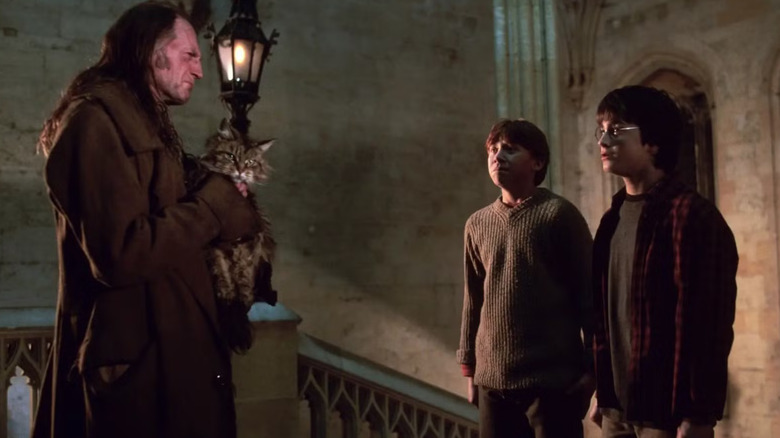Argus Filch and Mrs. Norris the cat talking to Harry and Ron in Harry Potter and the Chamber of Secrets