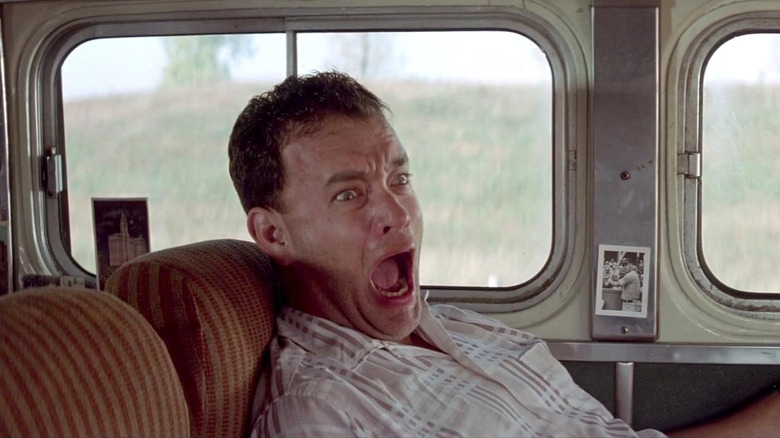 Tom Hanks like Jimmy Dogan in a bus in their own course