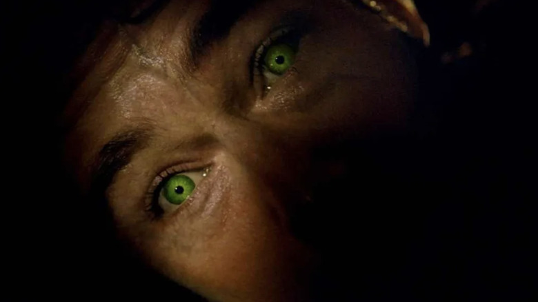 Bruce Banner's eyes glowing green as he becomes the Hulk in The Incredible Hulk (2008)