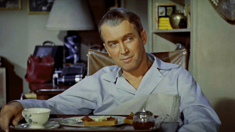 James Stewart's LB Jefferies sits with his breakfast on a tray in the back window