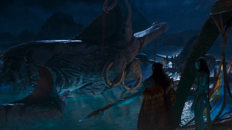 Payakan the Tulkun rests near the docks in Avatar: Fire and Ash