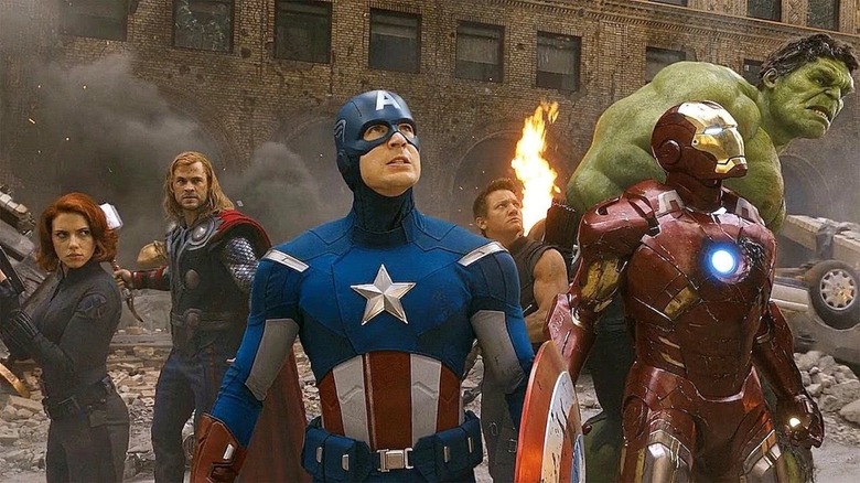 Scarlett Johansson, Chris Hemsworth, Chris Evans, Jeremy Renner, Robert Downey Jr., and Mark Ruffalo as Black Widow, Thor, Captain America, Hawkeye, Iron Man and Hulk in The Avengers