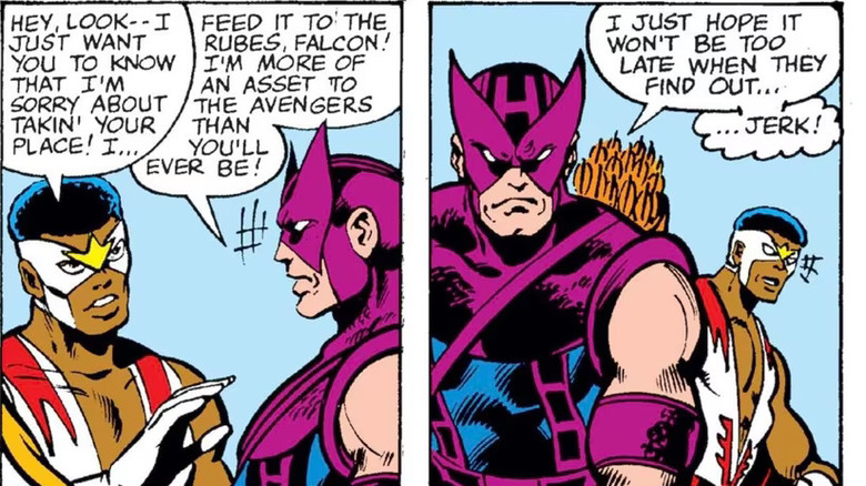 Falcon apologizing to Hawkeye for taking his spot on the team in Avengers #189 (1978)