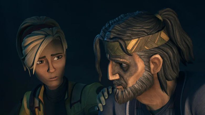 Omega reassures an older Hunter in Star Wars: The Bad Batch