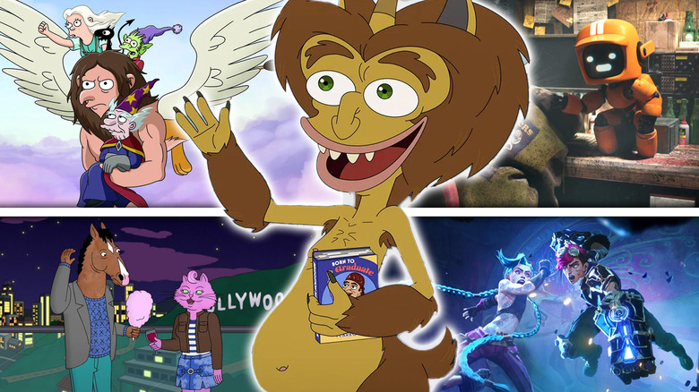 Maury the Hormone Monster from Big Mouth surrounded by images from BoJack Horseman, Love, Death & Robots, Arcane, and Disenchantment