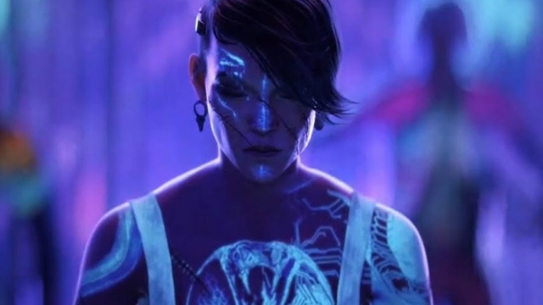 glowing cyberpunk woman tattoo Love Death Robots