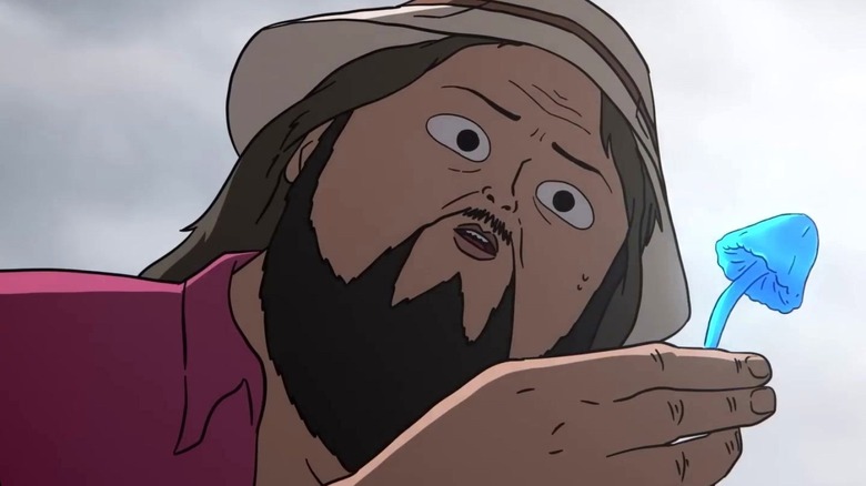 Marshall holds a blue mushroom in his hand in Common Side Effects