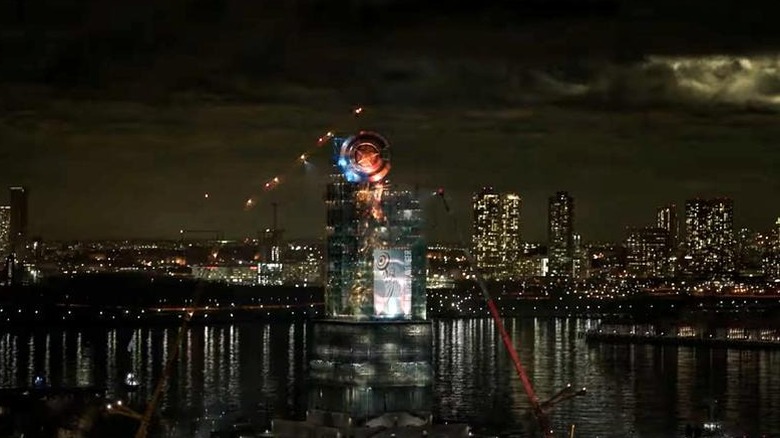 Construction on the Statue of Liberty with Captain America shield