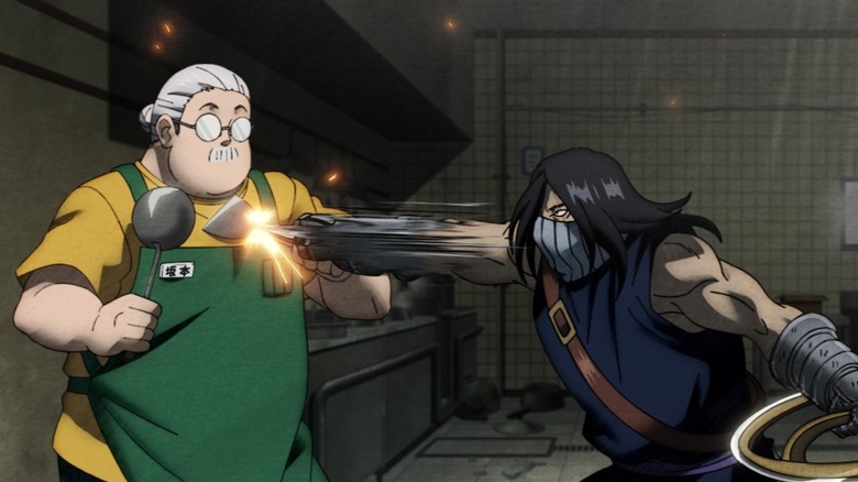 Sakamoto stopping an assassin with a spatula in Sakamoto Days