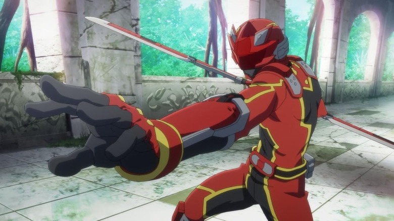 The Red Ranger holds a hero pose in The Red Ranger Becomes an Adventurer in Another World