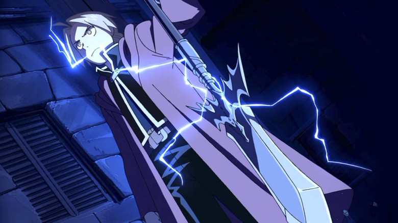 Edward Elric holds an electric spear in Fullmetal Alchemist: Brotherhood