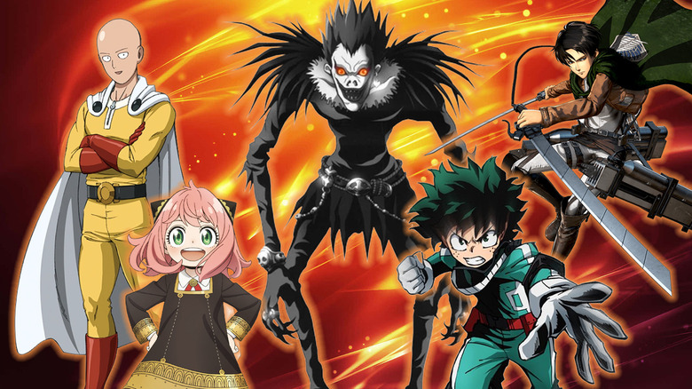 Images from One Punch Man, Spy x Family, Death Note, My Hero Academia, and Attack on Titan in a composite image