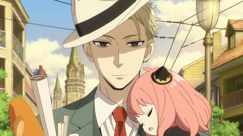 Loid Forger carries groceries and Anya in Spy x Family