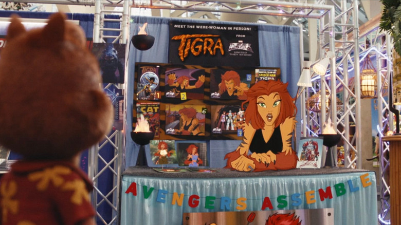 Tigra from "Avengers: United They Stand" in Retro Alley with Dale, Lumiere, and Ugly Sonic in "Chip n' Dale: Rescue Rangers"