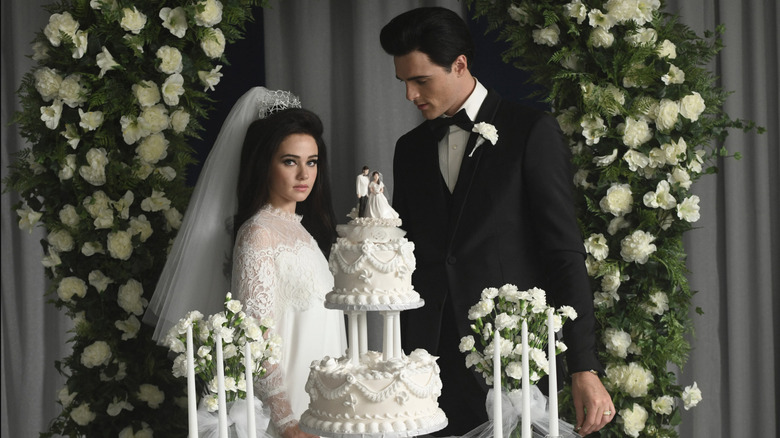 Cailee Spaeny as Priscilla Presley and Jacob Elordi as Elvis getting married in Priscilla
