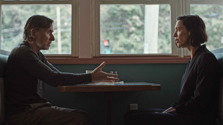 Resurrection's Rebecca Hall and Tim Roth chatting at diner