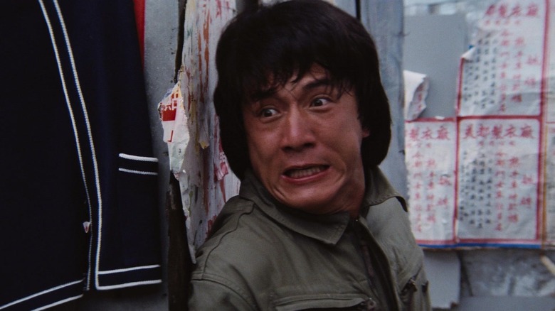 Jackie Chan looks stressed out in the middle of action in Police Story