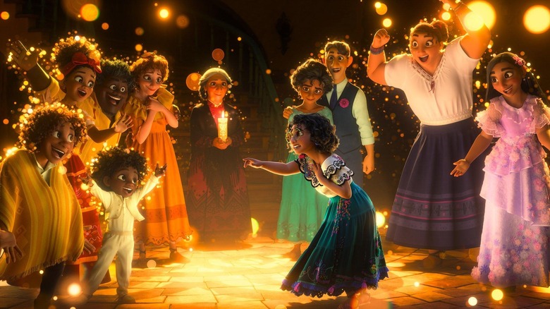 The Madrigal family dance among the lights