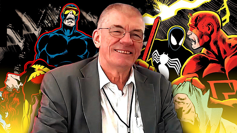 Jim Shooter next to a background of famous 80s Marvel comics: Cyclops holding dead Jean Grey, black suit Spider-Man, and Daredevil