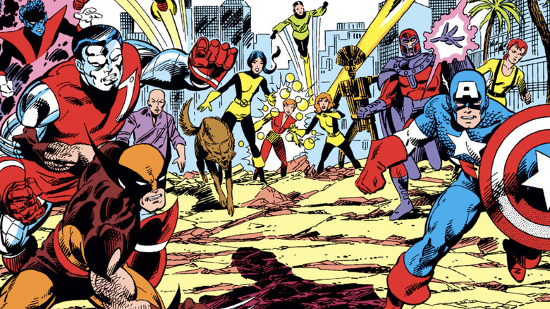 Nightcrawler, Colossus, Wolverine, New Mutants, Rogue, Magneto, and Captain America on the Secret Wars II cover