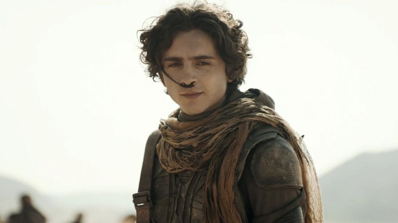 Timothée Chalamet as Paul Atreides stands in the desert and looks ahead in Dune: Part Two