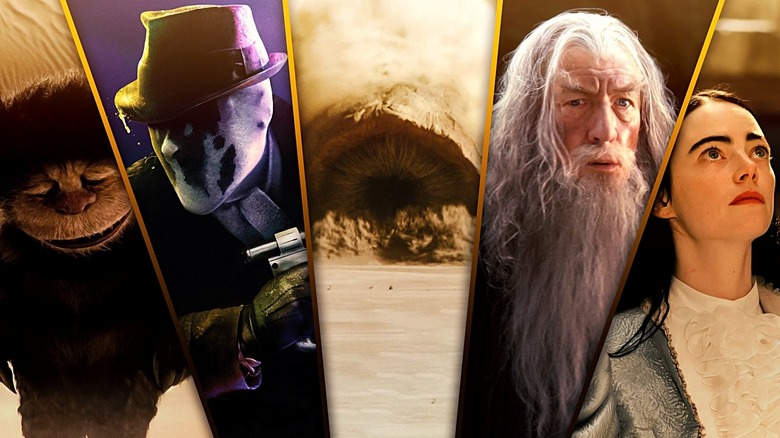 James Gandolfini as Carol from Where the Wild Things Are stands next to Jackie Earle Haley as Rorschach from Watchmen, the sandworm from Dune, Ian McKellen as Gandalf in Lord of the Rings, and Emma Stone as Bella Baxter in Poor Things