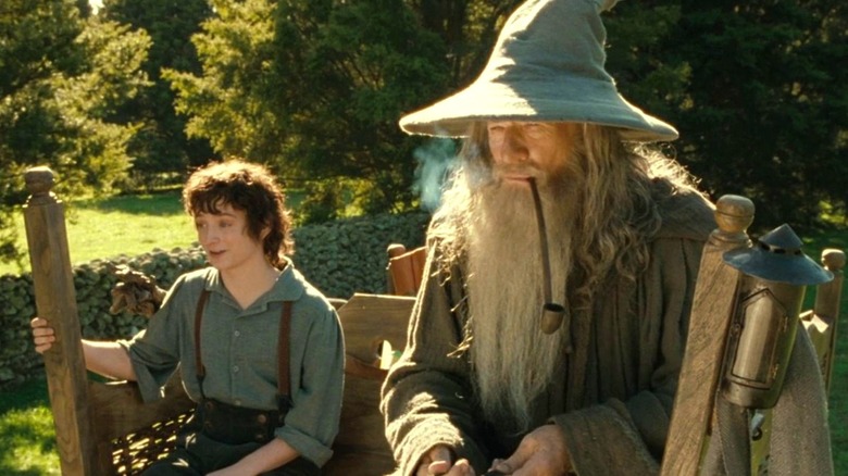 Elijah Wood as Frodo sits next to Ian McKellen as Gandalf in Lord of the Rings: The Fellowship of the Ring