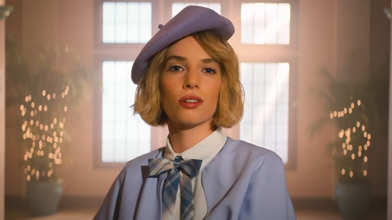 Maya Hawke pastel purple beret sweater
