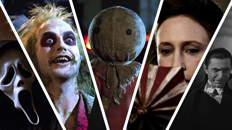 A collage of Ghostface in Scream (1996), Betelgeuse (Michael Keaton) in Beetlejuice, Sam in Trick 'r Treat, Lorraine Warren (Vera Farmiga) in The Conjuring, and Dracula (Bela Lugosi) in Dracula (1931)