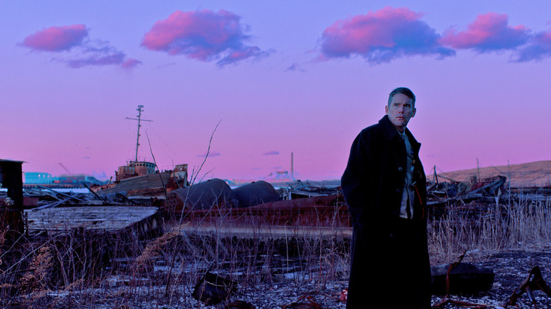 Ethan Hawke against purple sky