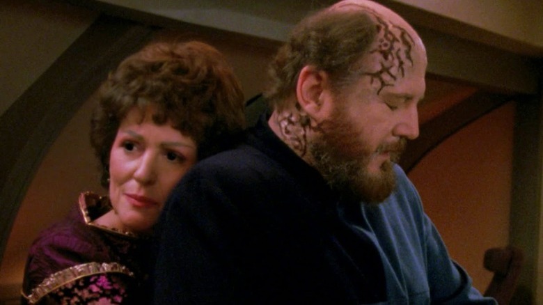 Lwaxana Troi hugs Timicin