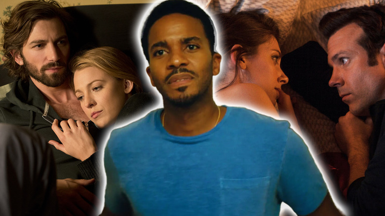 Andre Holland in Moonlight surrounded by images from Age of Adaline and Sleeping with Other People in a composite image