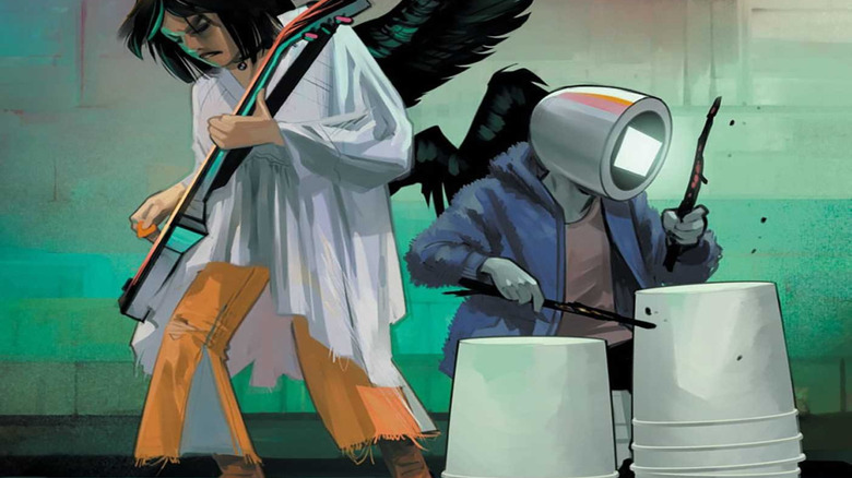 Hazel dan Squire bermain gitar dan drum darurat di sampul Saga volume 11