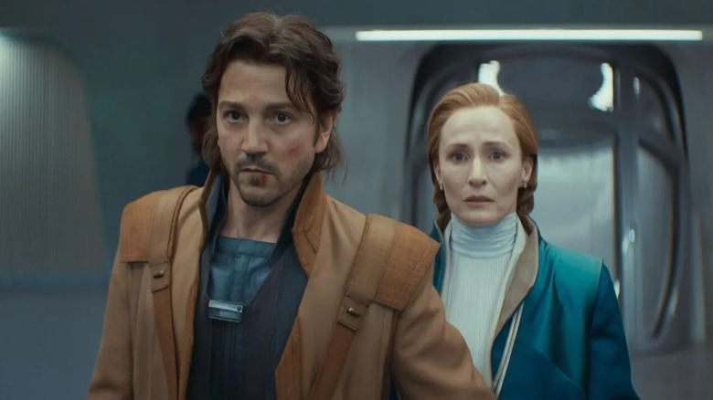 Diego Luna as Cassian Andor and Genevieve O'Reilly as Mon Mothma looking alarmed in Andor