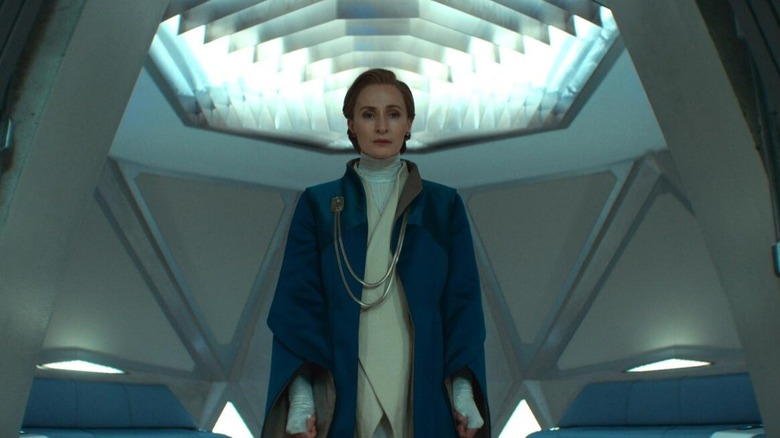 Genevieve O'Reilly as Mon Mothma looking serious in Andor
