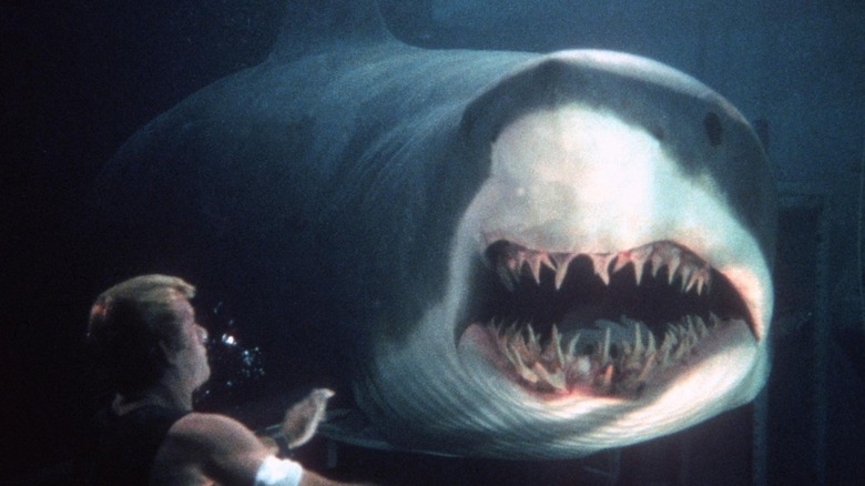 Thomas Jane as Carter Blake coming face to face with a shark underwater in Deep Blue Sea
