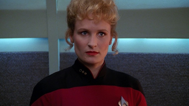 Commander Shelby in a turbolift on Star Trek: The Next Generation