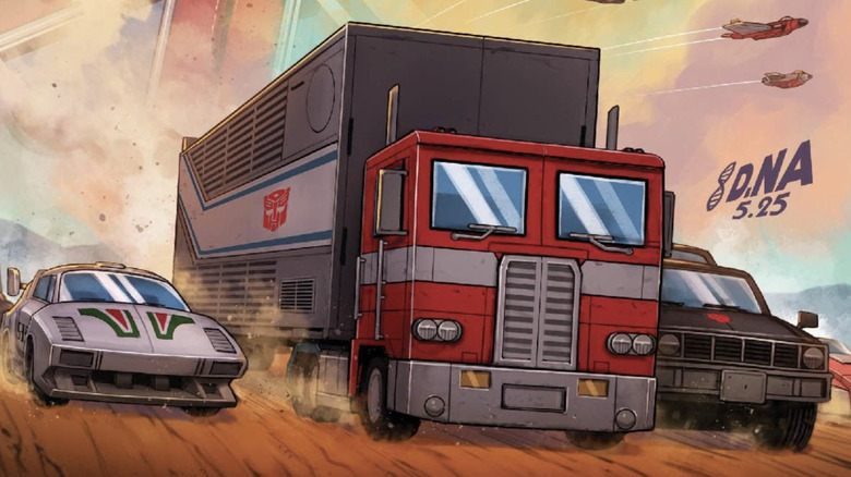 Transformers #25 cover: Wheeljack, Optimus Prime, and Trailbreaker driving in car mode