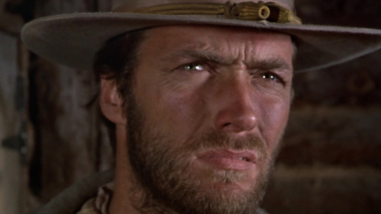 Clint Eastwood as The Man With No Name looking distrusting in The Good, the Bad and the Ugly