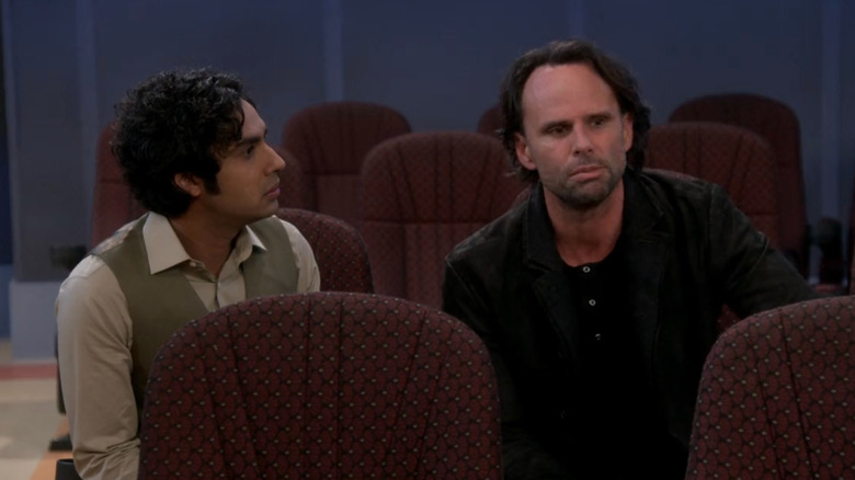 Kunal Nayyar as Raj and Walton Goggins as Oliver sitting next to one another in "The Big Bang Theory"