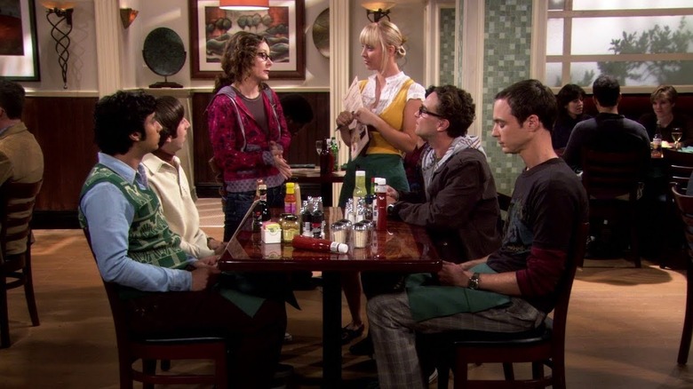 Raj Howard Leslie Penny Leonard and Sheldon at The Cheesecake Factory on The Big Bang Theory