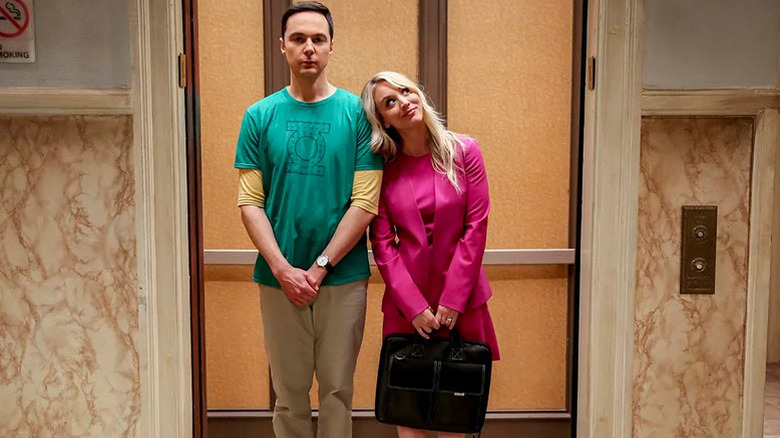 Sheldon and Penny in the elevator together on the Big Bang Theory