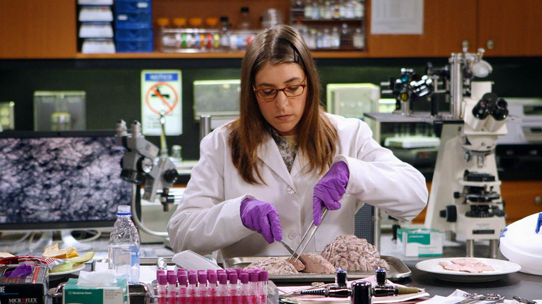Amy working in her lab on The Big Bang Theory