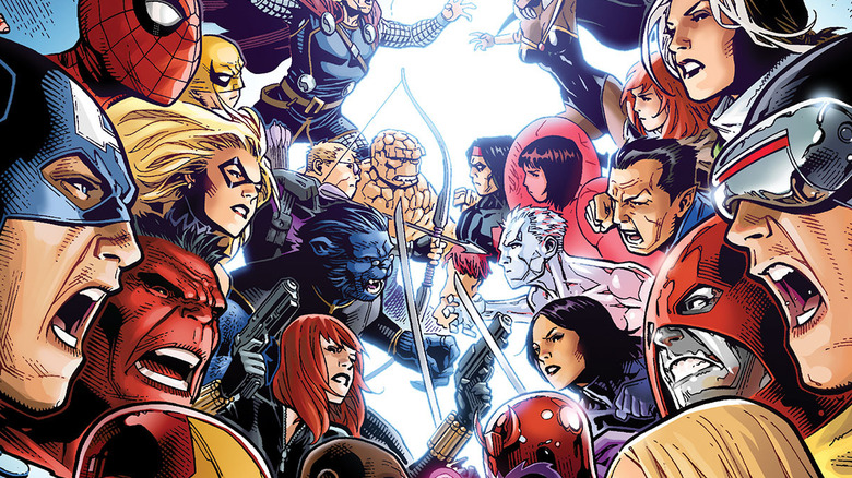 The Avengers and X-Men charge against each other in a cover for Marvel Comics