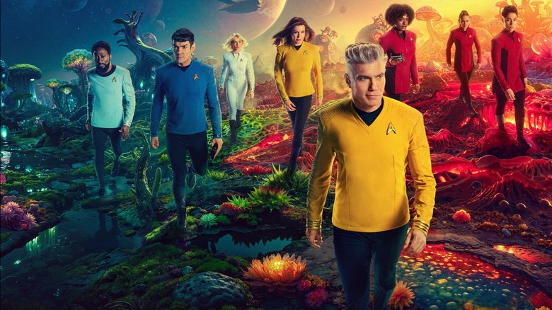 Dr. M'Benga, Spock, Chapel, Una, Pike, Uhura, La'an, and Ortegas walking together in the Star Trek: Strange New Worlds poster